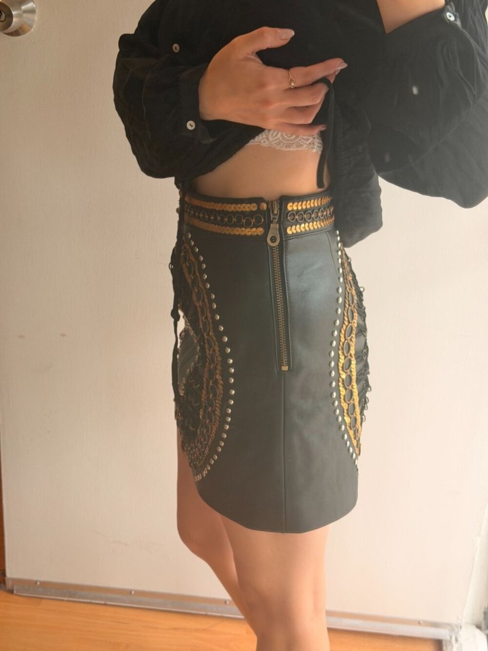 leather mini skirt embellished nasty gal XS gold sequin boho western - Picture 5 of 11